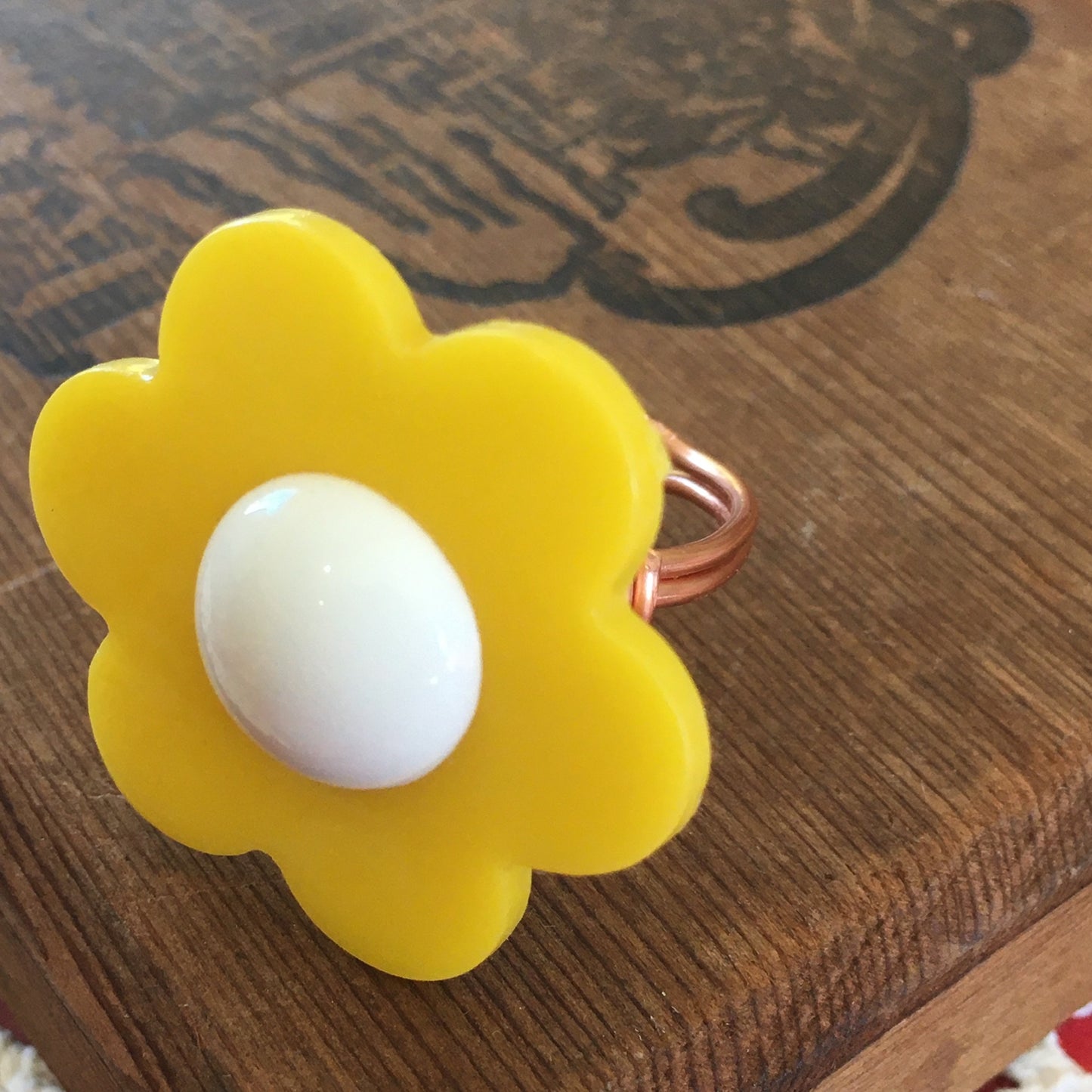 Yellow Flower Vintage Button Ring with Adjustable Band