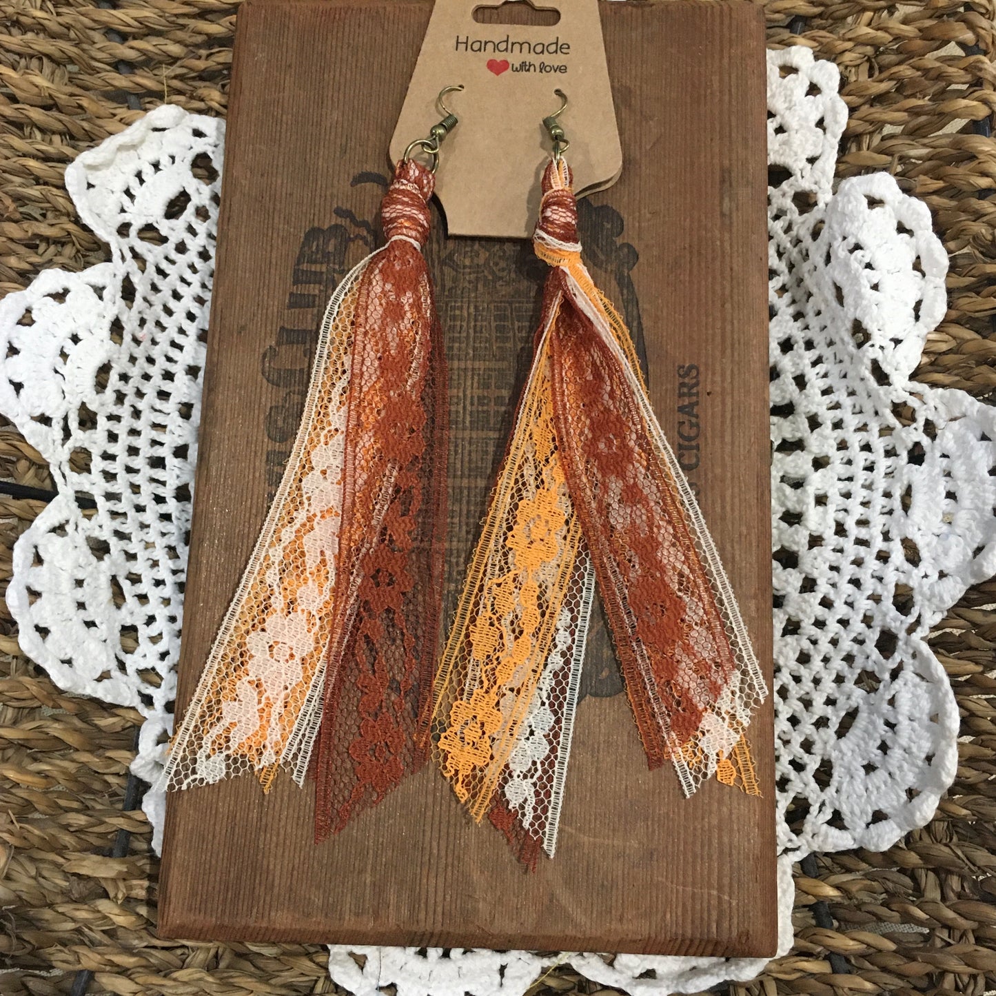 Pumpkin Spice Latte Boho Vintage Lace Earrings