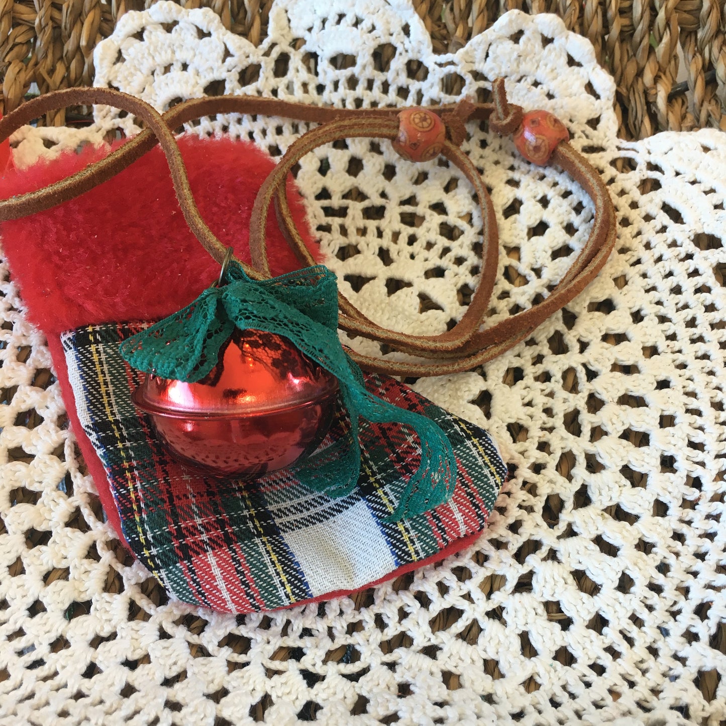 Leather and Lace Jingle Bell Necklace Red Bell Christmas