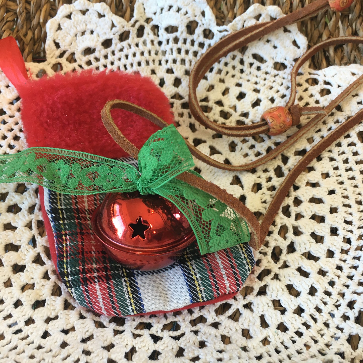 Leather and Lace Jingle Bell Necklace Red Bell Christmas