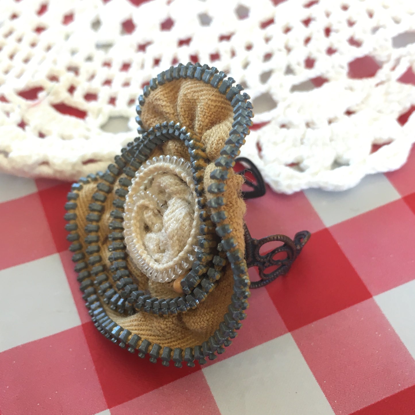 Carmel and Cream Vintage Zipper Flower Adjustable Ring