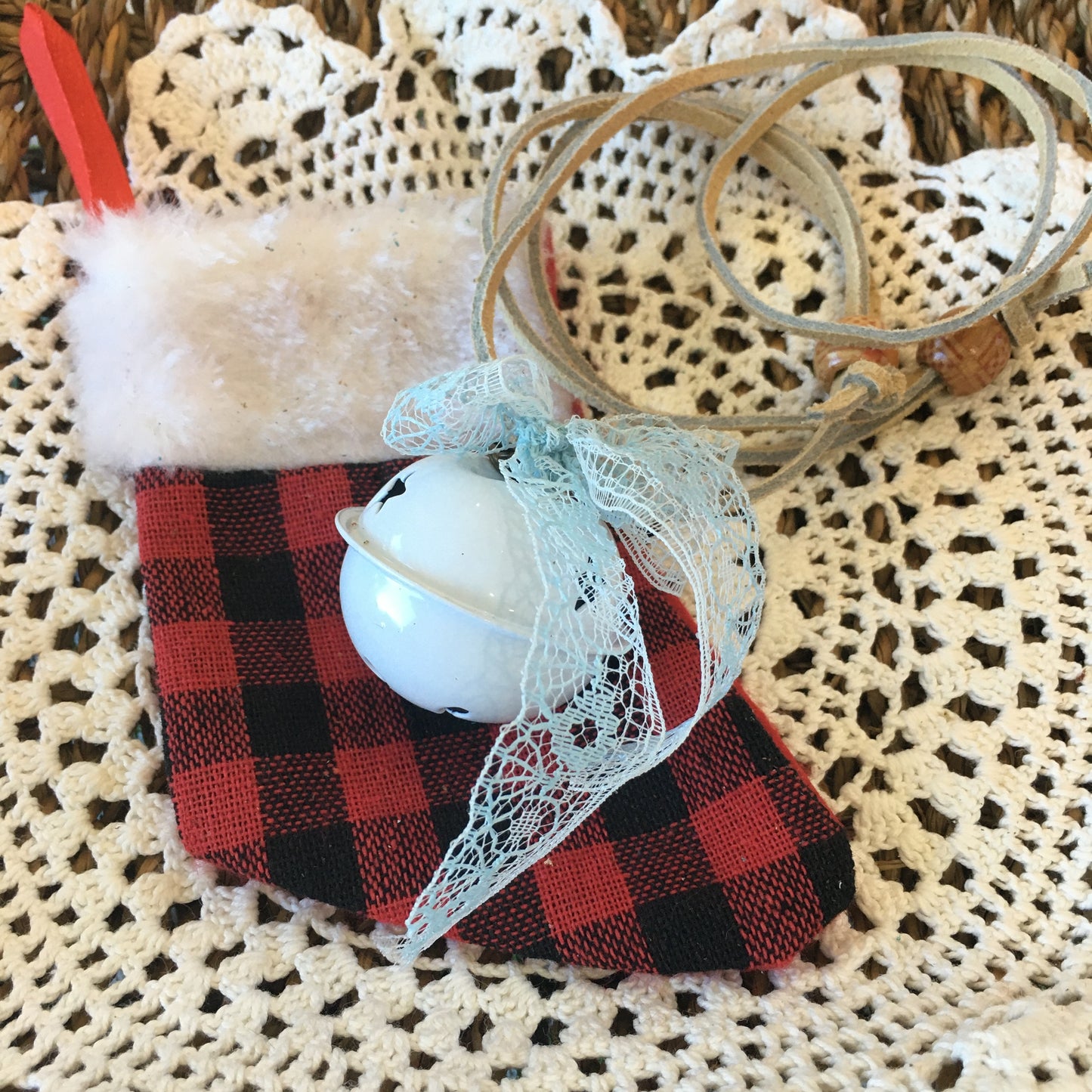 Leather and Lace Jingle Bell Necklace White Bell Christmas Gift