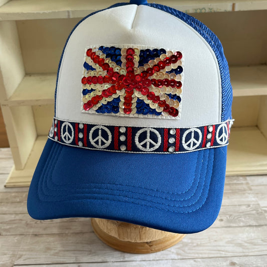 Sequin Union Jack and Bling Peace Signs Blue Trucker Hat