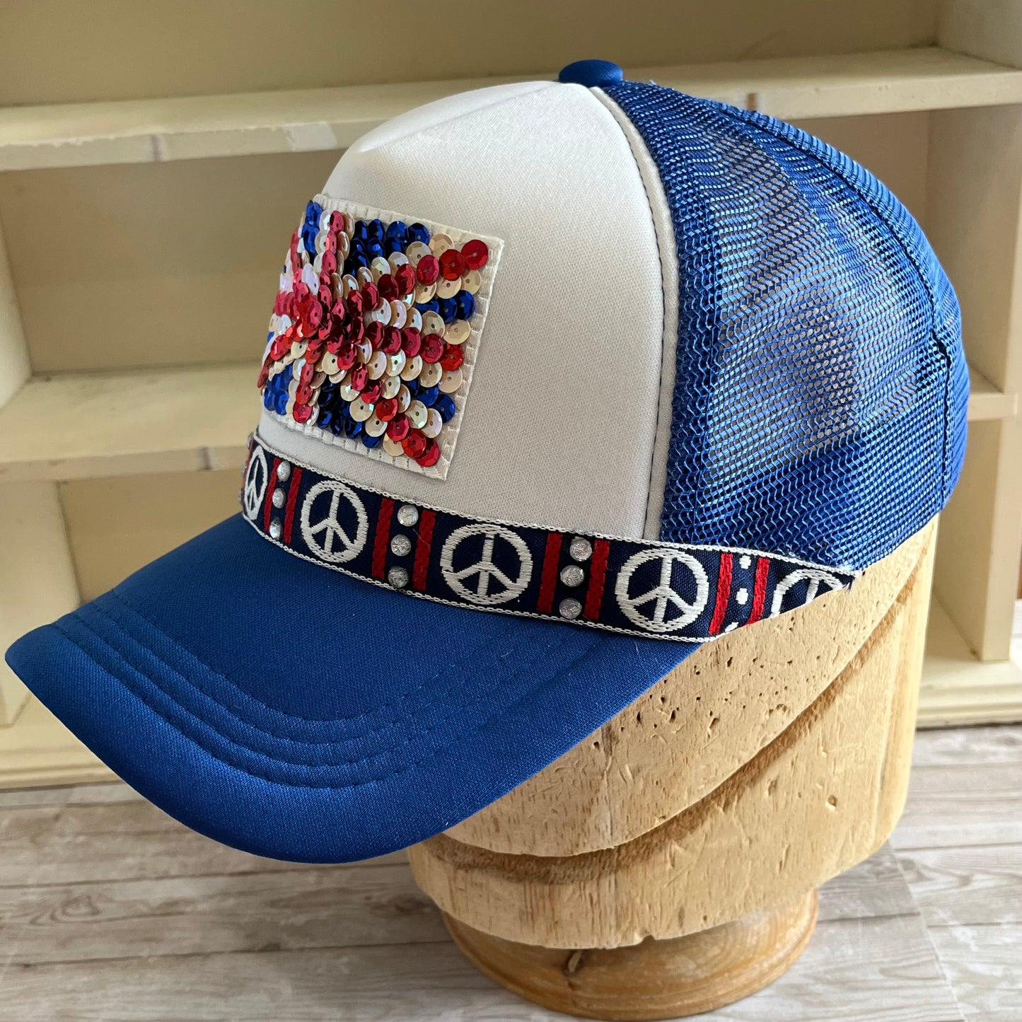 Sequin Union Jack and Bling Peace Signs Blue Trucker Hat