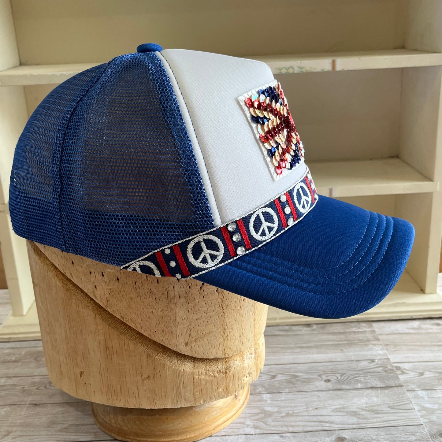 Sequin Union Jack and Bling Peace Signs Blue Trucker Hat