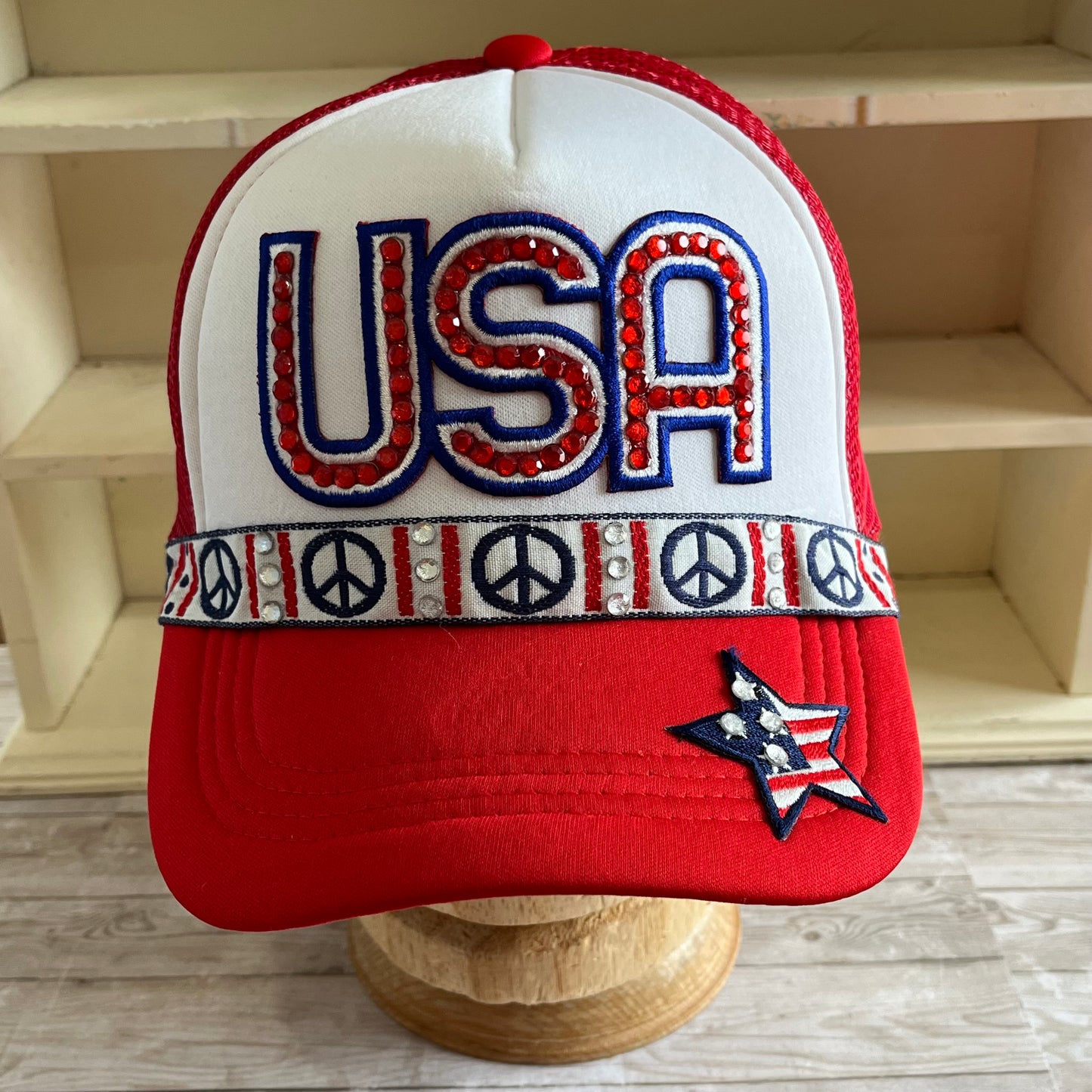 USA Bling Peace Sign Red Trucker Hat