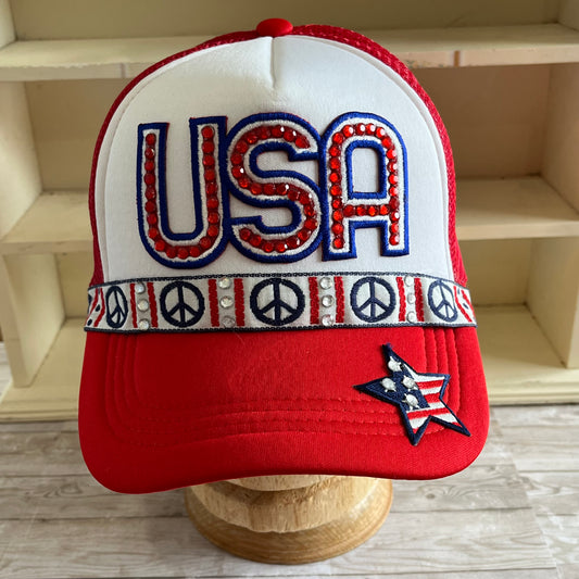 USA Bling Peace Sign Red Trucker Hat