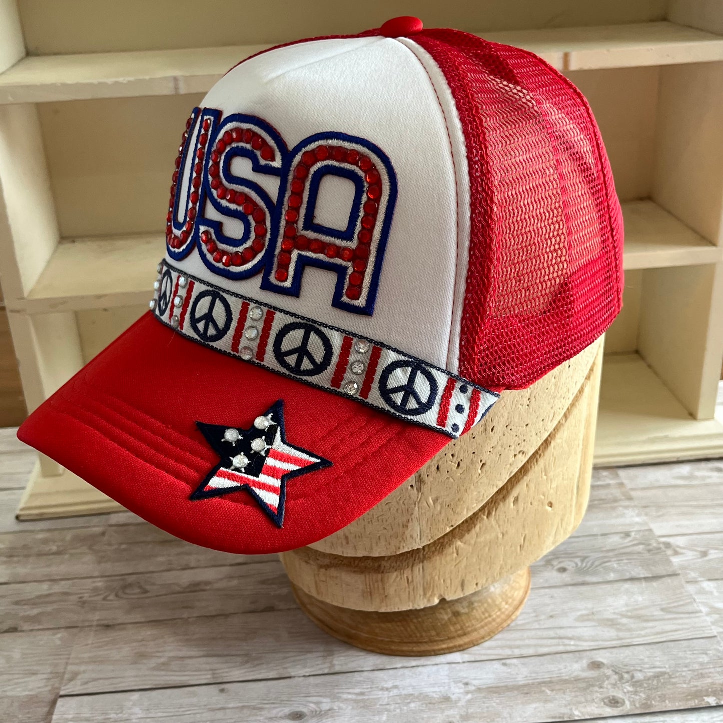 USA Bling Peace Sign Red Trucker Hat
