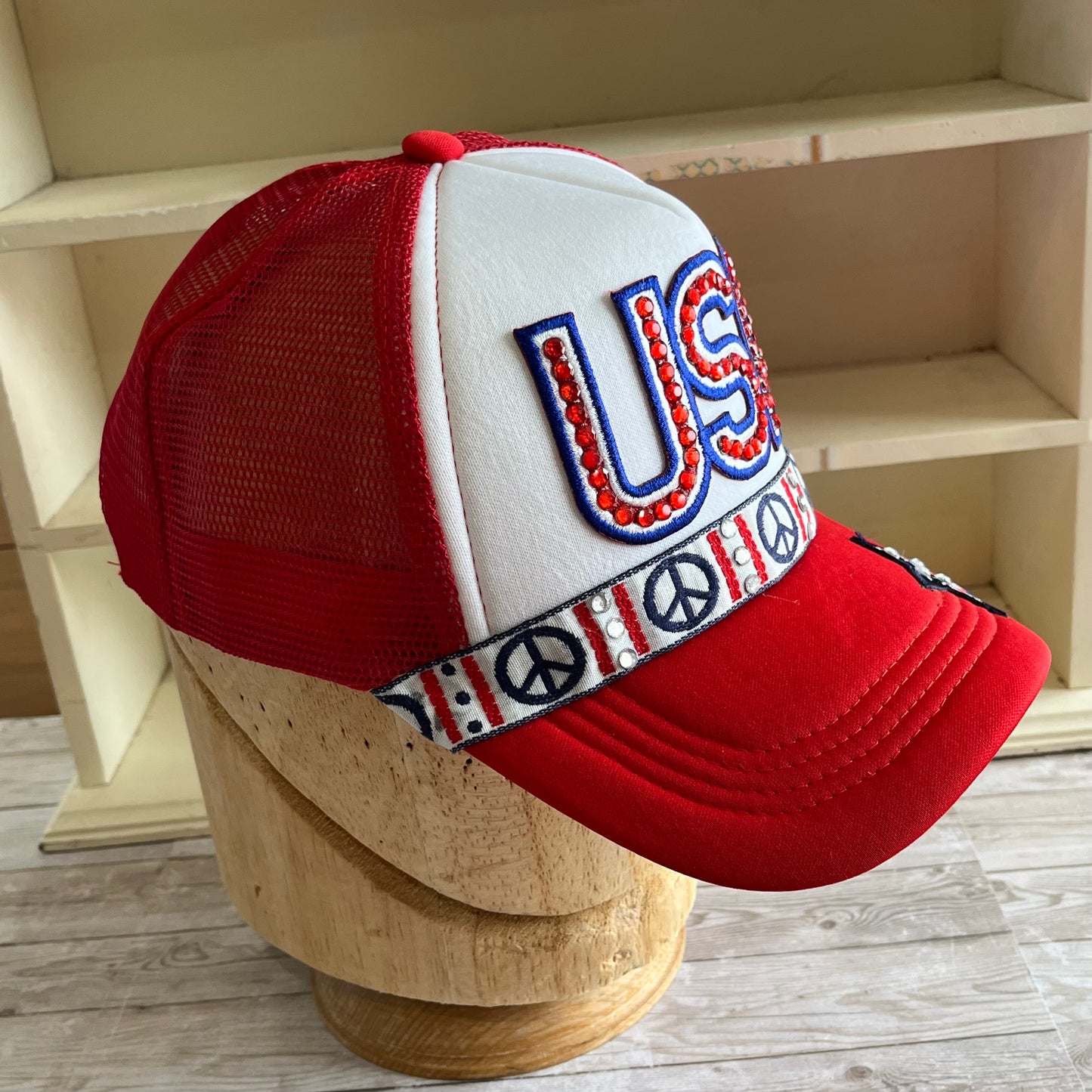 USA Bling Peace Sign Red Trucker Hat