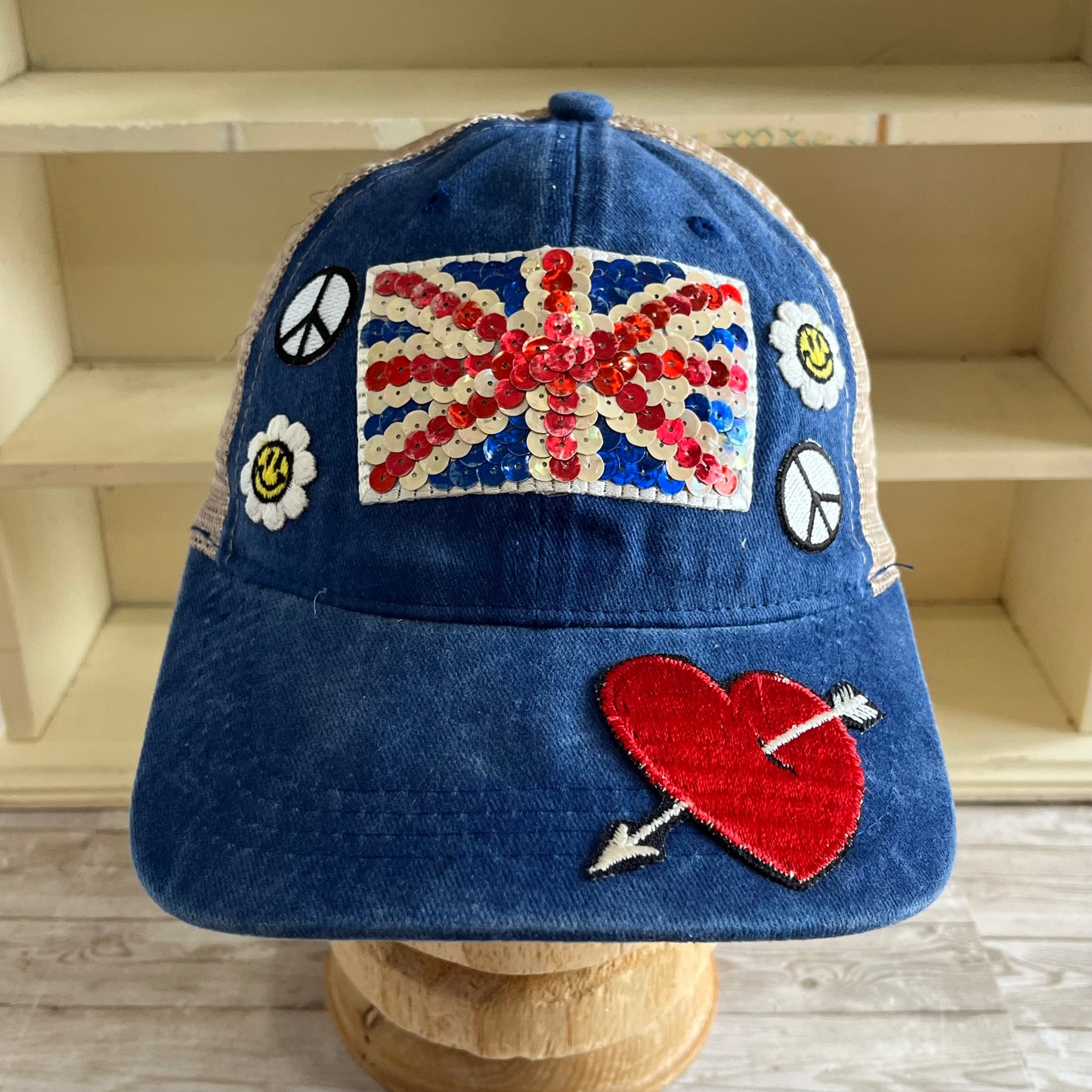 Union Jack Peace and Love Blue Denim Trucker Hat