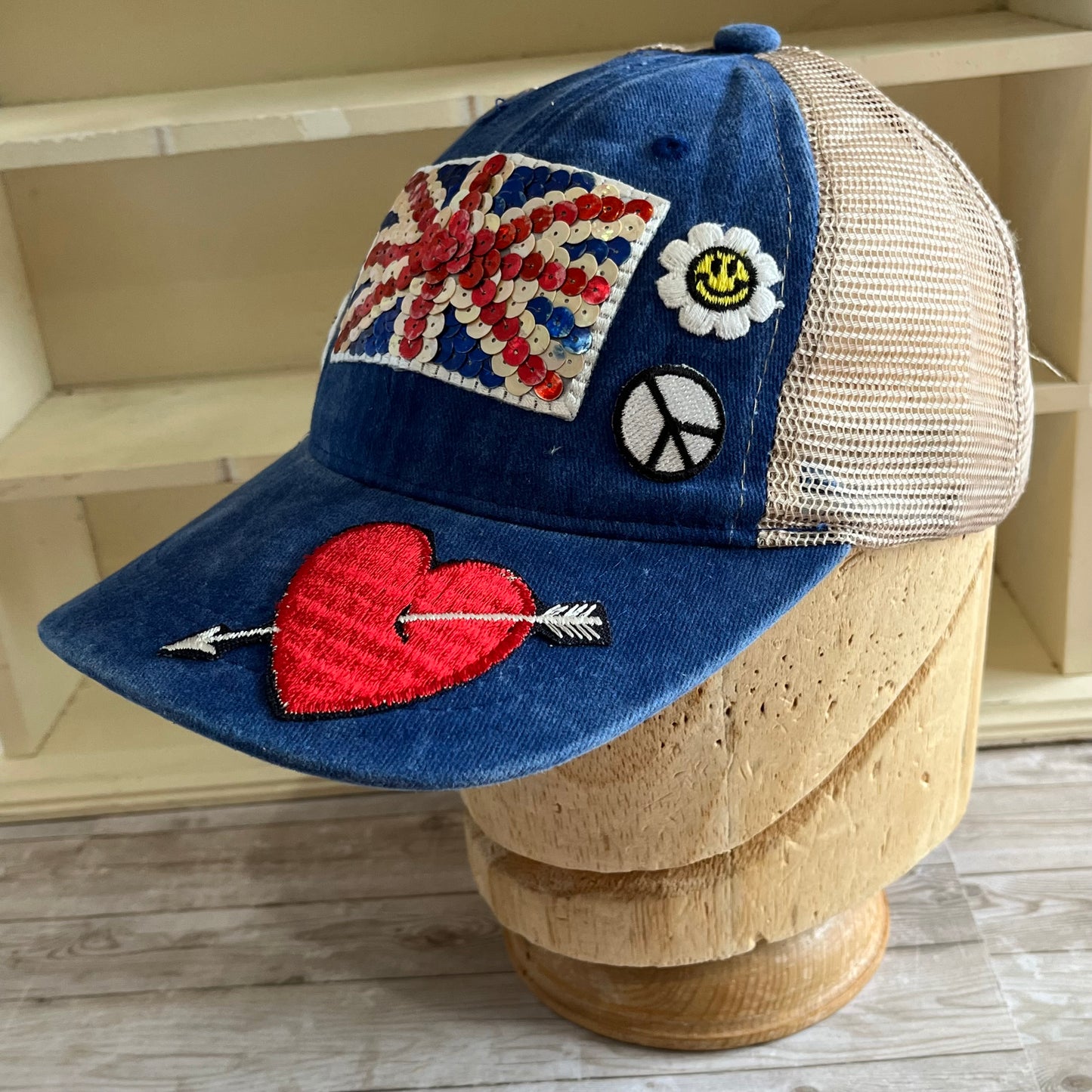 Union Jack Peace and Love Blue Denim Trucker Hat