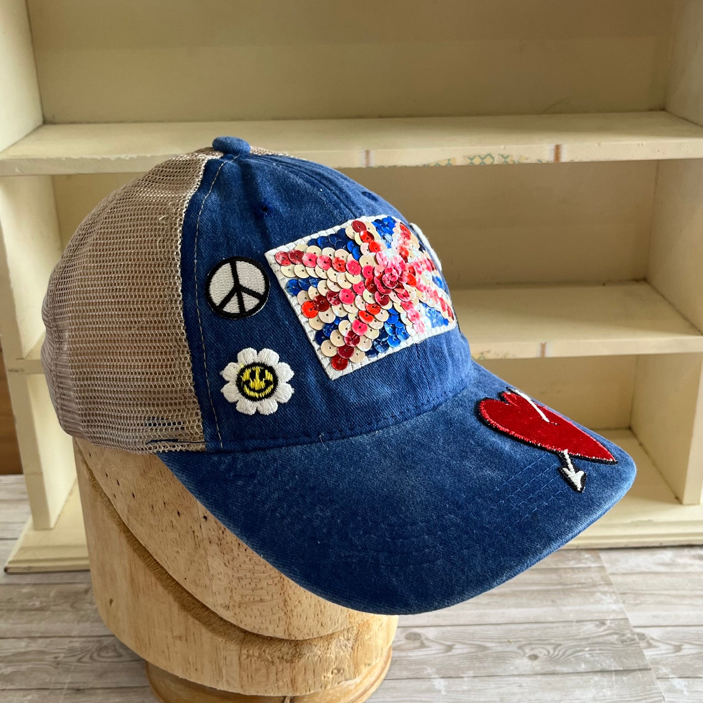 Union Jack Peace and Love Blue Denim Trucker Hat