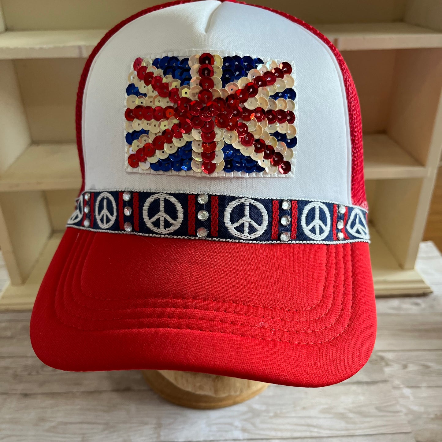 Sequin Union Jack and Bling Peace Signs Red Trucker Hat