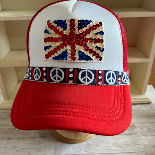 Sequin Union Jack and Bling Peace Signs Red Trucker Hat